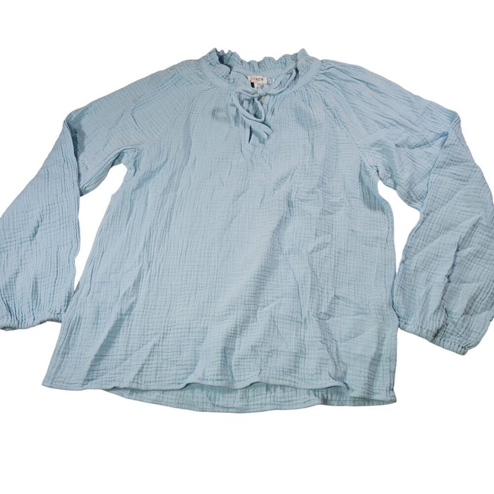 J.Crew Women Light Blue Cotton Gauze  Ruffled Neck Long Sleeve Blouse Size M